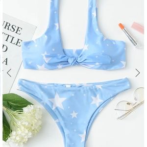 Shein Star Print Knot Top With High Leg Bikini Set